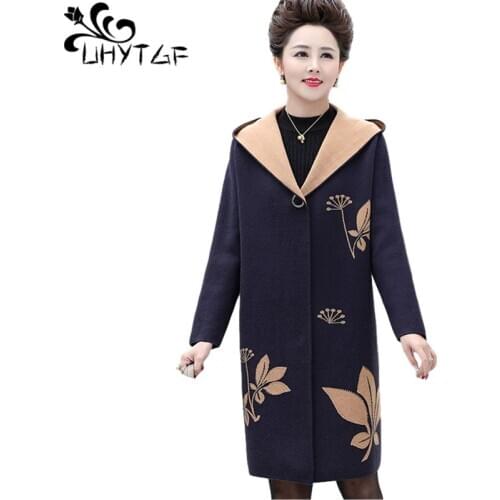 UHYTGF Autumn Winter Coat Womens Quality Double-Sided Nylon Beaded Woolen Jacket Fashion Hooded Casual Plus Size Outerwear 1345