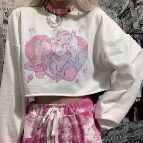 Fall 2021 korean cute white kawaii cropped harajuku graphic pullover long sleeve oversized crewneck crop top sweatshirt c125