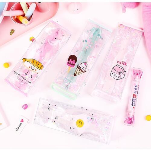 High Grade Cute Pencil Bag&Case Pvc Transparent Milk Liquid Student Girls Cartoon Pink Storage Bags for School Supply Stationery