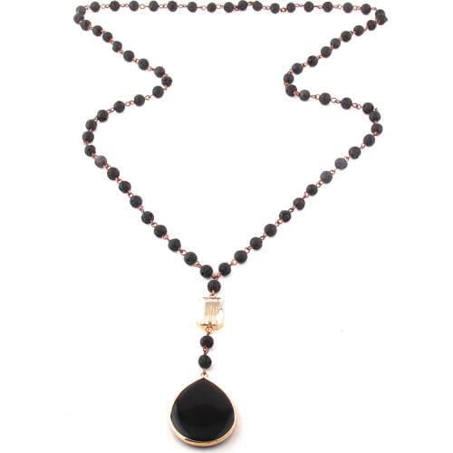 Fashion Bohemian Jewelry 6mm Stones Rosary Chain Crystal Link Stone Drop Pendant Necklaces For Women Ethnic Necklace