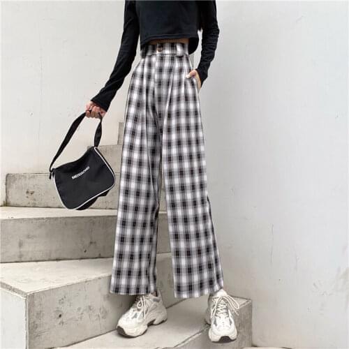 Womens Pants Black And White Plaid Pants Women Spring And Summer Korean Style High Waist Loose Straight Wide Leg Pants Vintage