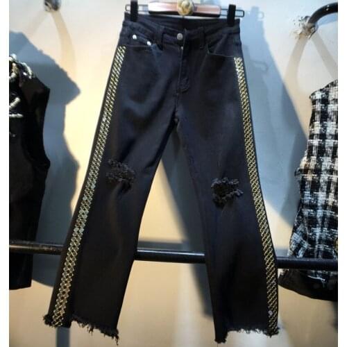 European Autumn New Denim Side High Temperature Hot Sequined High Waist Thin Elastic Ripped Jeans Women Pants Fashion 2021