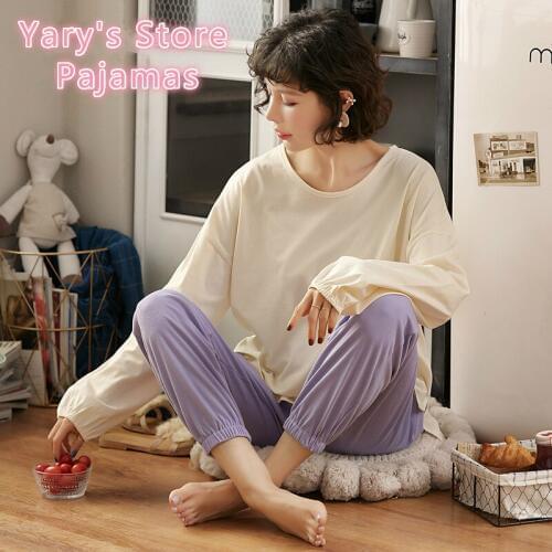 Womens Pajamas Set Spring Autumn Thin Long Sleeve Pure Color Cotton Home Wear Set Round Collar No Bondage Comfortable Natural