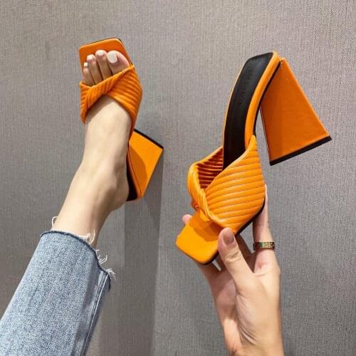 2021 New Summer Pleated Orange Women Slipper Fashion Slides Ladies Elegant Thin High Heel Outdoor Sandals Shoes