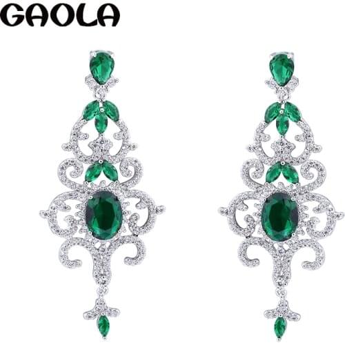 GAOLA New Fashion Plant Silver Color Green Cubic Zirconia Dangle Earring Women Jewelry GLE6405