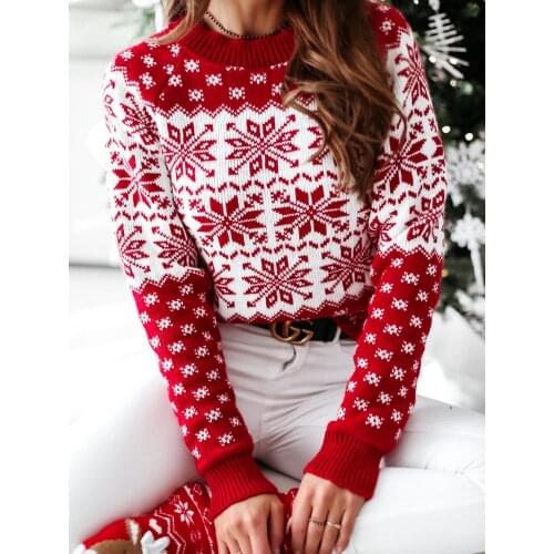 Women Christmas Sweaters Snowflake Pattern Classic Round Neck Long Sleeve Festive Clothing