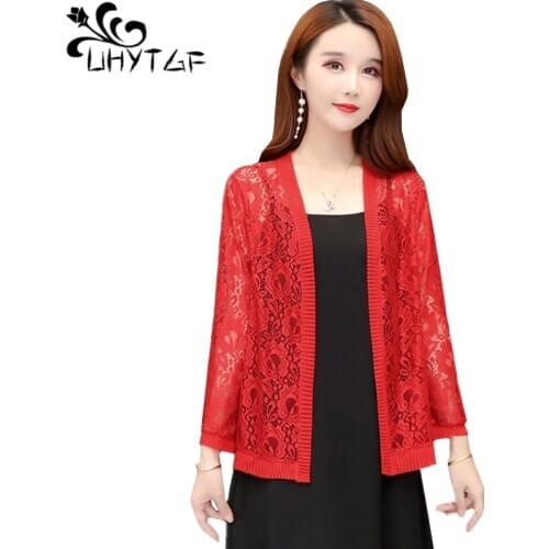 UHYTGF Women spring coat knitted cardigan elegant top long sleeve lace hollow shawl thin jacket loose short plus size coats 1575