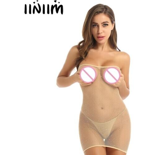 Womens Shiny Rhinestones Netted Lingerie Sexy Parties Nightwear Sheer Tube Dress Exotic Babydoll Bodycon Mini Dress Sleepwear