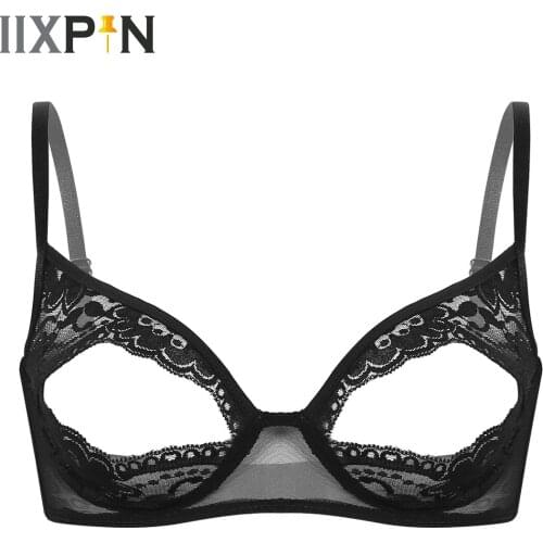 Women Female Lingerie Exotic Open Bras Sissy Femme Sexy Nightwear Lace Floral Nipple Split Bralette Wire-free Unlined Bra Top