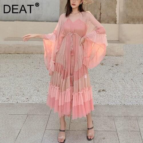 DEAT Woman Dress Pink Cake With Lined Mesh Flare Sleeve Drawstring Waist Elegant Fashion Beach Style 2021 New Autumn 15HT424
