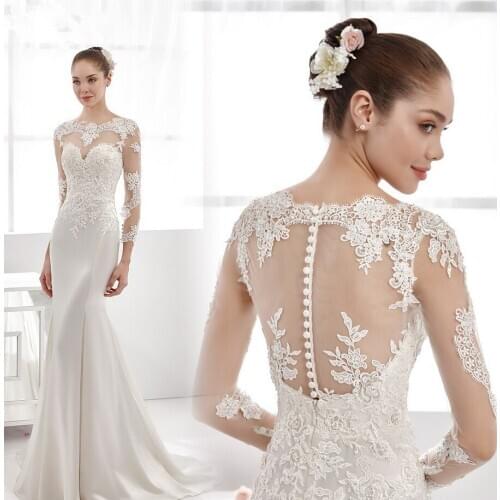 New Arrival Sexy Wedding Dress 2017 O-neck Long Sleeves Court Train Lace Satin Mermaid Bride Dresses Button Back plus size maxi