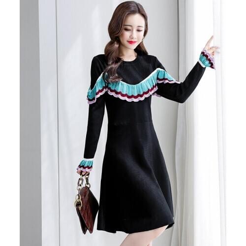 New Arrival 2020 Autumn Winter Women Dress High Quality Runway Fashion Contrast Color Patchwork Black Knitted Sweater Dress