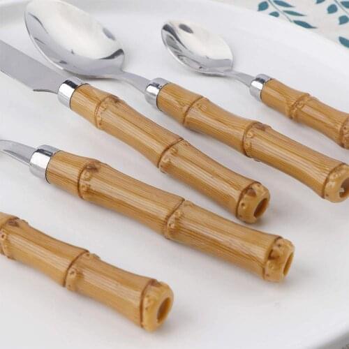 1/4pcs Bamboo Handle Tableware Steel Steak Knives Forks Gadgets Tea Spoons Dessert For Kitchen Cutlery Set Z2I3