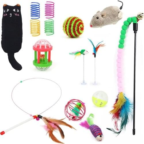 15PCS Cat Toys Set Interactive Cat Mouse Toy Kitten Wand Toy Cat Spring Toy Cat Fake Feather Toy Cat Chase Toy Legendog