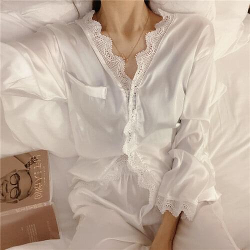 2 Piece/set Home Suit Pyjama Spring Pajamas for Women Sleepwear Female Long Sleeve Trousers Satin Silk Nightwear Suit Pijamas