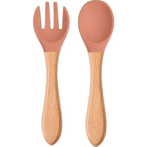 2Pcs Baby Silicone Spoon Fork Wooden Handle Cutlery Color Cutlery Baby Food Candy Spoon Soft Silicone Set Feeding Z7B3