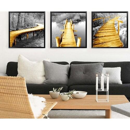 Abstract Golden Yellow Bridge Canvas Painting Industrial Poster and Print for Living Room Grey Wall Art Tableau Decoration Mural