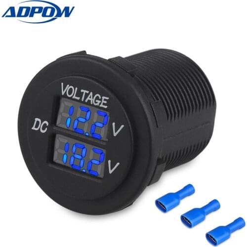 Car Boat Motorcycle LED Digital Dual Voltmeter AUX Main Voltage Gauge Battery Monitor Panel Auto Round Voltmeter Tester