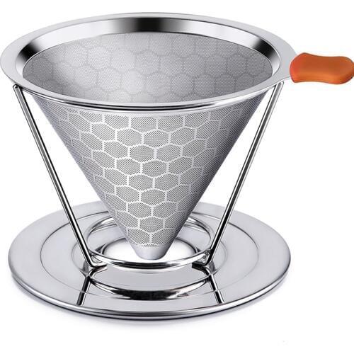Stainless Steel Paperless Pour Over Coffee Dripper Slow Drip Coffee Filter Metal Cone -Single Serve Maker Removable Cup Stand