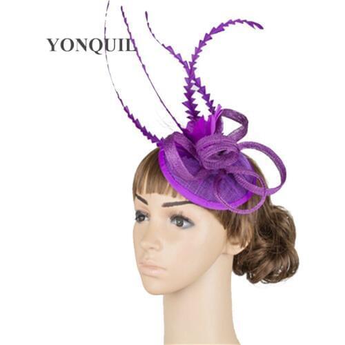 Ladies Fashion Hair Fascinator Wedding Cocktail Sinamay Fedora Hats With Fancy Feather Chapeau Female Wedding Headdress MYQ031