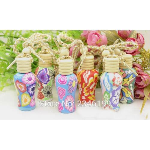 12ML 30pcs/lot Flower Painting Fimo Clay Perfume Bottle, Glass Cosmetic Container, Home/Car/Personalized Vial Pendant Decoration