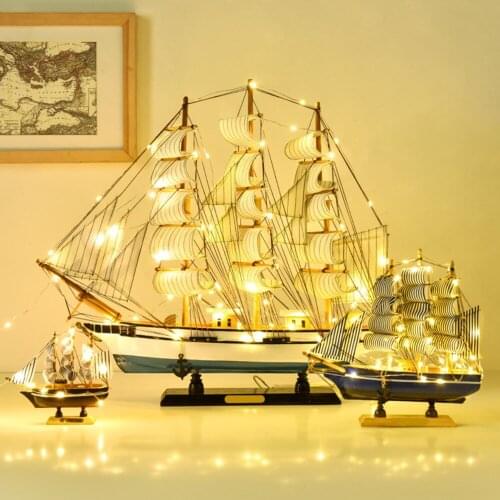 Smooth Sailing Mediterranean Style Decorative Ornaments Pirate Ship Small Wooden Boat Wood Decoration With Light Belt