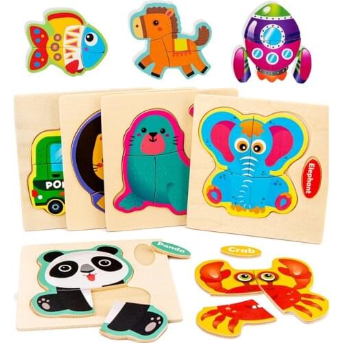 Baby Toy 3D Wooden Puzzle Kids Toy Wood Jigsaw Puzzle Cartoon Animal Vehicle Baby Early Educational Toys for Children Gift