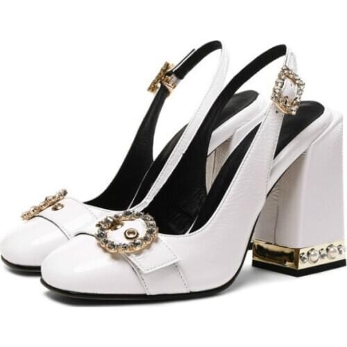 Crystal Buckle Women Patent Leather Slingbacks Pumps Square Toe Female Wedding Mary Janes Shoes Back Strap Sandals