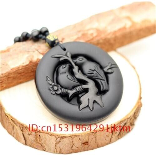 Chinese Natural for Gifts Jade Lovebirds Pendant Beads Women Necklace Jewelry Fashion Black Charm Obsidian Amulet
