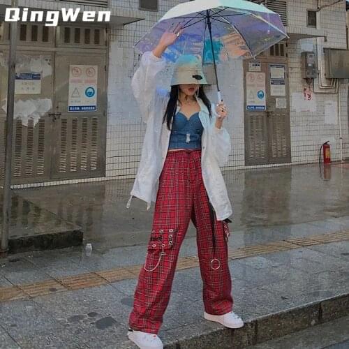 QingWen Women Overalls High Waist Harajuku Gothic Loose Trend Wide Leg Metal Chain Red Check Punk Hip Hop Streetwear Trousers