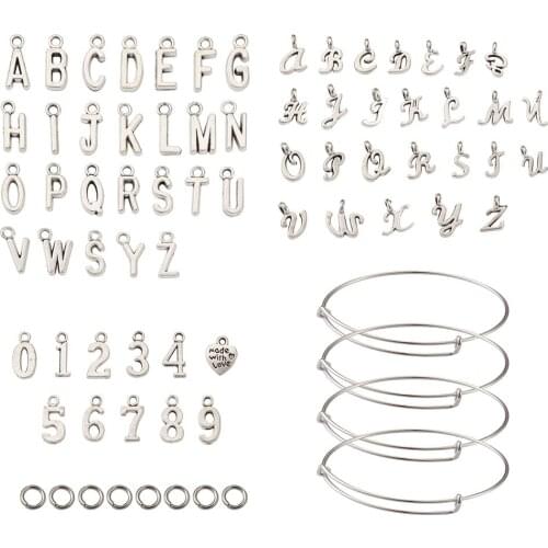 1Set Bangle Making Kits Number Letter Pendants Charms Adujustable Stainless Steel Bangles for DIY Bracelet Bangle Jewelry Making