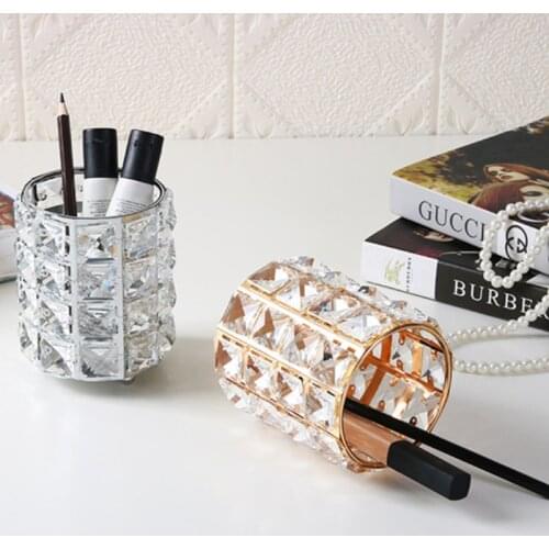 Round square crystal glass pen holder metal ornaments luxury office home living room desk storage supplies crystal pen holder