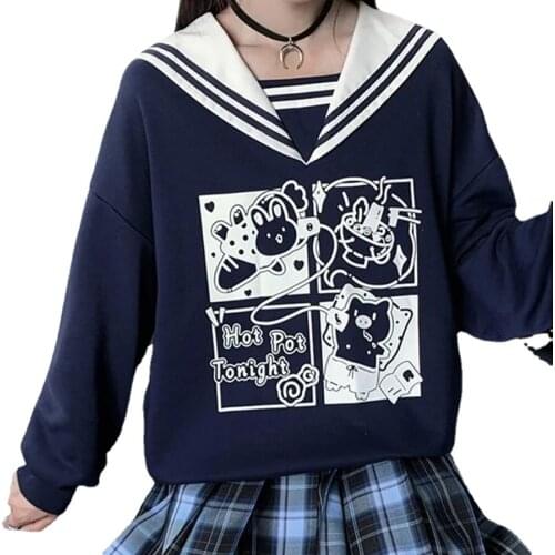 2021 Navy Collar Women Hoodie For Girl Spring Fashion Kawaii Japanese Sweatshirt Cute Long Sleeve Loose Cartoon Student Hoodie