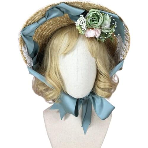 Lolita Handmade Straw Sun Hat Handmade Floral Vintage Tea Party Beach Flat Cap L93F