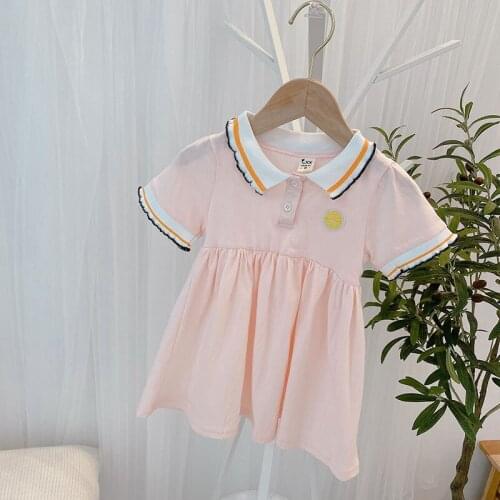 Knitted Solid Color Polo Girls Dress Summer 2021 Baby Girl Embroidery Skirt Cute Cotton Dresses Korean Children Short-sleeved