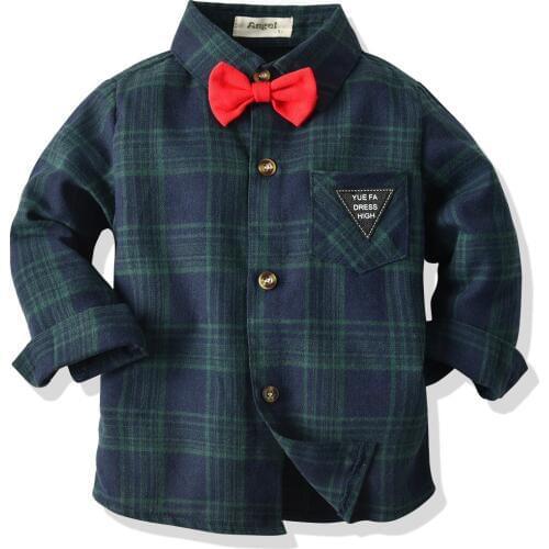 Little Boys Spring Autumn Shirt Creative Plaid Pattern Lapel Long Sleeve Single-breasted Top with Red Bow Tie Children Clothes