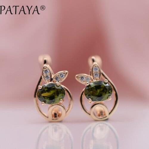 PATAYA New Arrivals Women 585 Rose Gold Wedding Party Jewelry Rabbit Ears Olive Green Oval Natural Zirconia Dangle Earrings