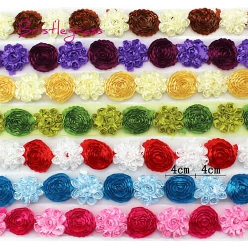 BRISTLEGRASS 1 Yard 1.57" 4cm Satin Jasmine Rose Flowers Tulle Mesh Lace Trims Kids Headband Bridal Wedding Dress Costume Sewing