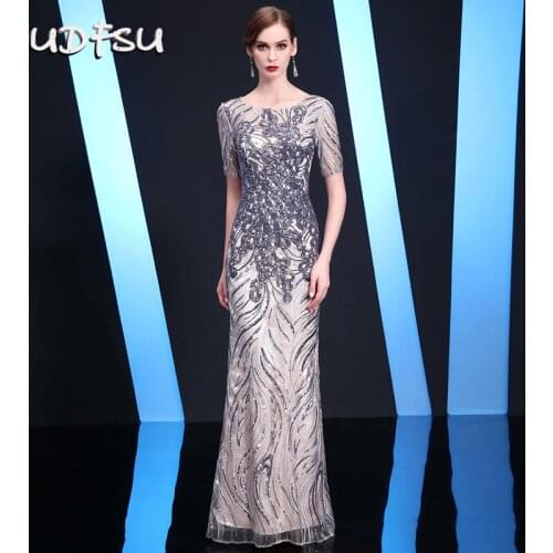 UDFSU Women Round Neck Half Sleeve Evening Dress Appliques Elegant Party Gowns Slim Fit Floor Length Formal Evening Gown