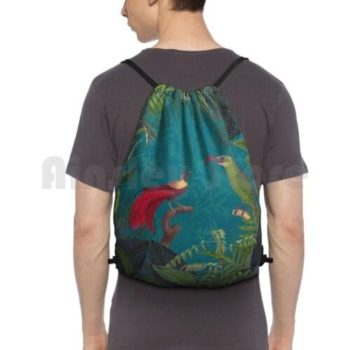 Birds Of Jungle Vintage Botanical Illustration Backpack Drawstring Bag Riding Climbing Gym Bag Tropical Exotic Vintage Bird