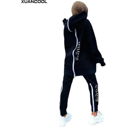 XUANCOOL 2021 Autumn Winter Womens Tracksuit Streetwear Running Sportswear Backwards Zipper Long Hoodies+Long Pant Two Pice Set