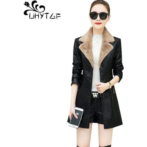 UHYTGF Autumn leather jacket women Quality pu leather plus velvet warm winter leather coat casual Wild winter parker Female 1304