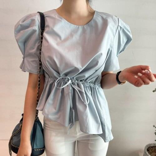 Womens shirt 2021 summer new round neck puff sleeve drawstring tie design waist irregular short shirt women