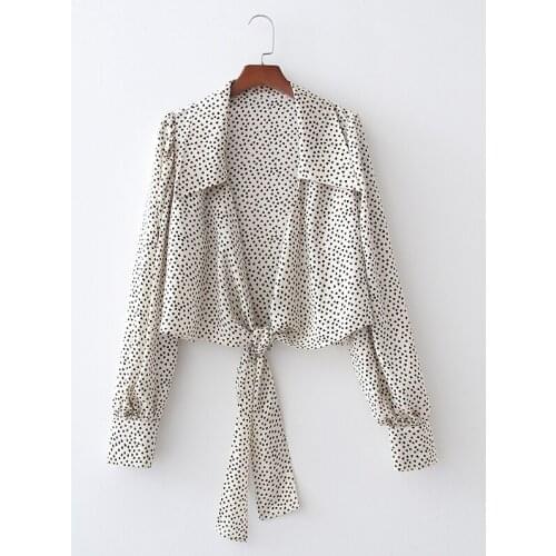 Woman heart print shirt lantern sleeve knotted blouse casual fashion clothing