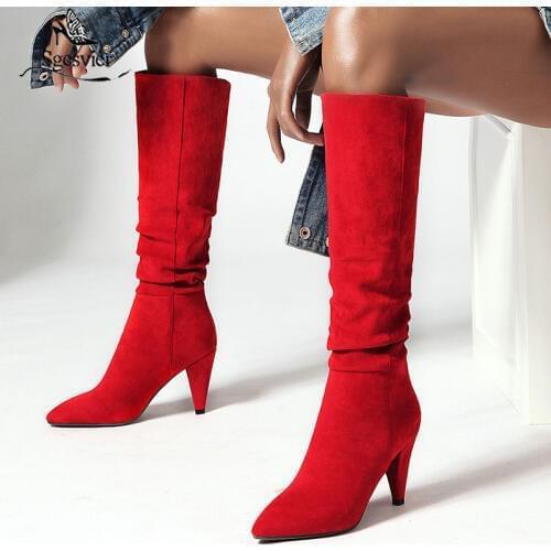 Sgesvier Winter Knee High Boots Women Pleated Spike Heel Long Boots Pointed Toe Super High Heel Shoes Ladies Fall Red Size 34-43