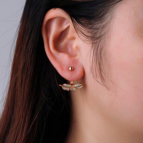 Ear Jacket Leaf Feather Earrings Female Crystal Stud Earrings For Women fashion Double Side Ear Jacket Bohemia Jewelry
