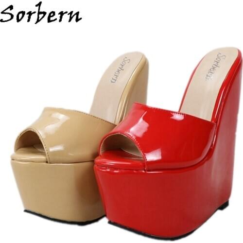 Sorbern Comfortable Women Slippers Open Toe Patent Leather Wedges High Heel Platform Summer Style Shoes Female Outdoor Slides
