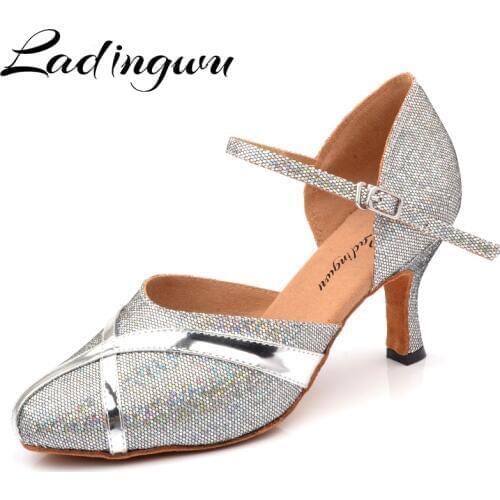 Ladingwu Silver Flash cloth Closed toe Latin Dance Shoes PU Ballroom Tango Salsa Dance Shoes Performance Dance Shoes