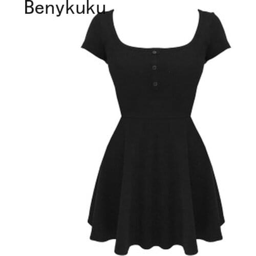Harajuku Goth Punk Style Women Cute Black Mini Dress Square Neck Short Sleeve Sexy Club Party Vestidos Summer Girls Gothic Dress