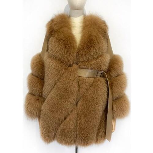 Ladies Natural Fox Fur Coat Medium Length Womens Real Fur Jacket Long Sheep Leather Splicated with Fluffy